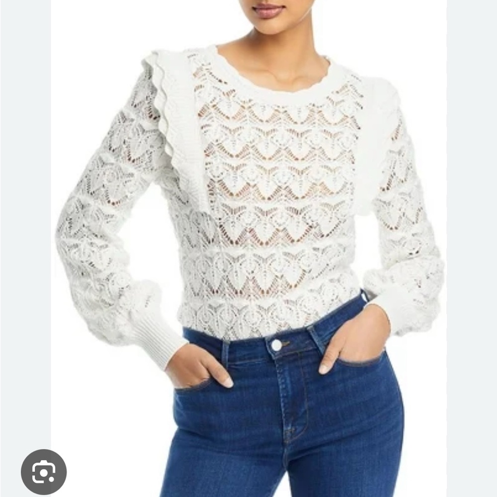 NWT Bloomingdale’s Women’s White Sweater SZ XL Pointelle Ruffle Blouson Sleeves
